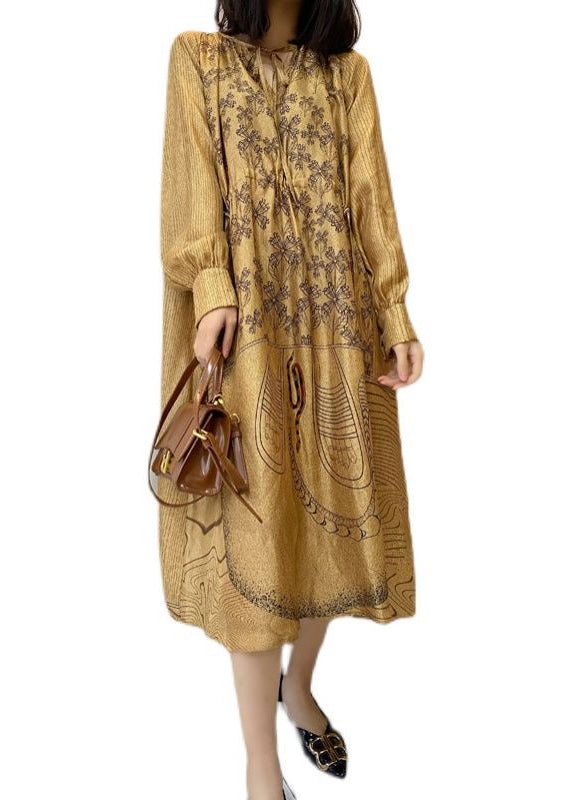 Loose Champagne Color Print Pockets Patchwork Silk Dress Long Sleeve