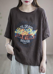 Loose Chocolate O-Neck Graphic Linen T-Shirt Half Sleeve - bagstylebliss