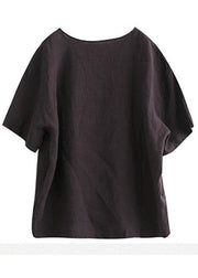 Loose Chocolate O-Neck Graphic Linen T-Shirt Half Sleeve - bagstylebliss