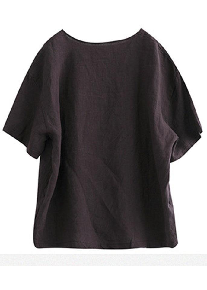 Loose Chocolate O-Neck Graphic Linen T-Shirt Half Sleeve - bagstylebliss