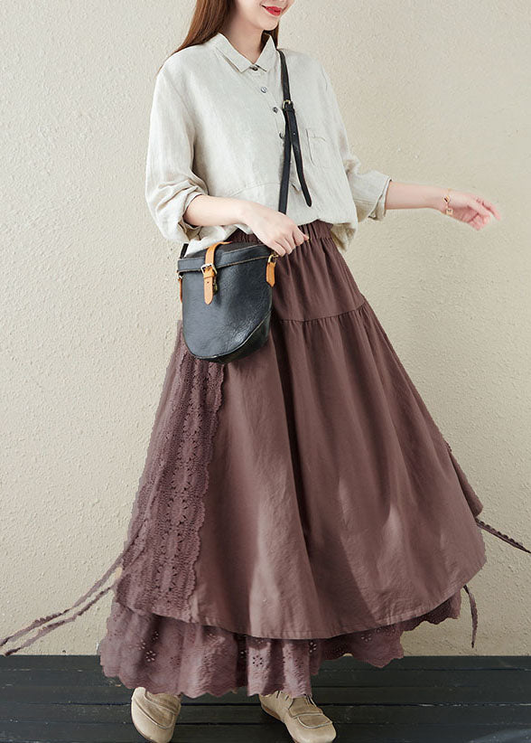Loose Chocolate High Waist Layered Design Linen A Line Skirt Summer