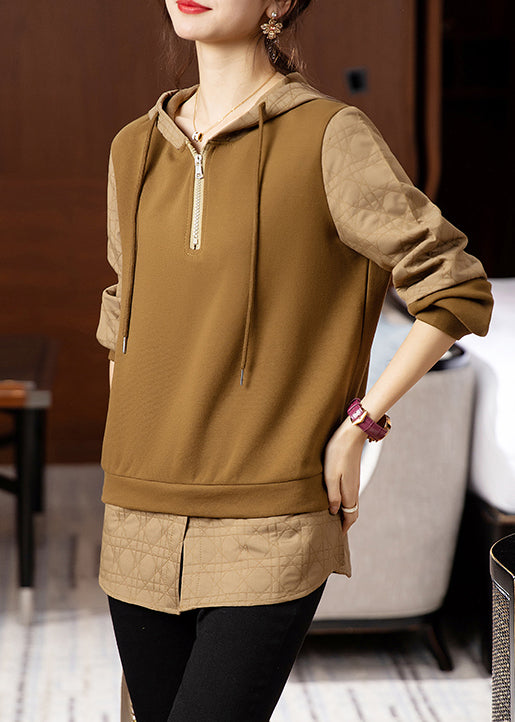 Loose Coffee Hooded Patchwork False Two Pieces Cotton Sweatshirts Fall