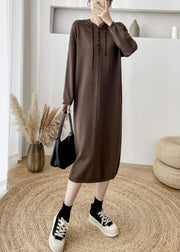 Loose Coffee Hooded Thick Knit Sweater Dress Winter