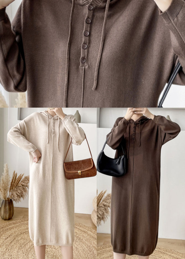 Loose Coffee Hooded Thick Knit Sweater Dress Winter