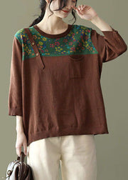 Loose Coffee O-Neck Button Patchwork Print Strickoberteile Langarm