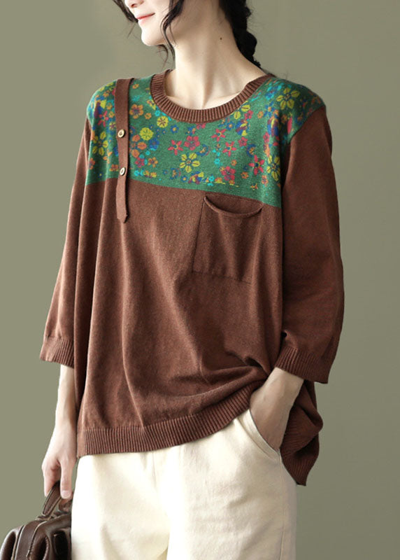 Loose Coffee O-Neck Button Patchwork Print Strickoberteile Langarm