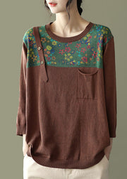 Loose Chocolate O-Neck Button Patchwork Print Knit tops Long Sleeve