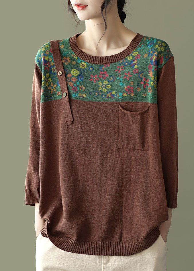 Loose Coffee O-Neck Button Patchwork Print Strickoberteile Langarm