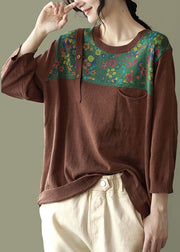 Loose Coffee O-Neck Button Patchwork Print Strickoberteile Langarm