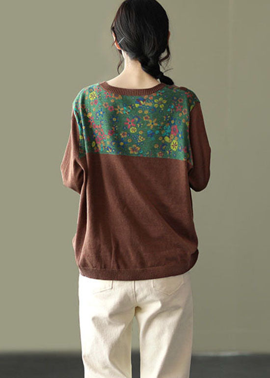 Loose Coffee O-Neck Button Patchwork Print Strickoberteile Langarm