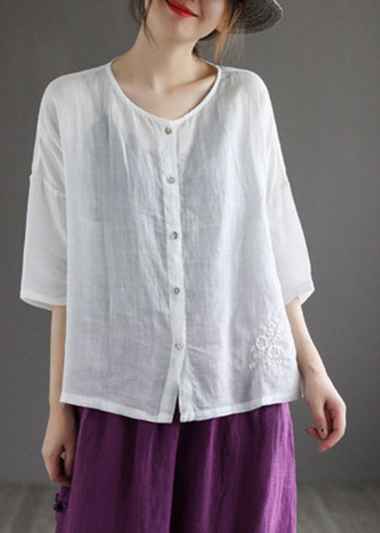 Loose Rose O-Neck Embroidered Button Linen Shirt Half Sleeve