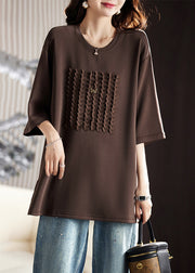 Loose Coffee O Neck Side Open Cotton T Shirt Half Sleeve