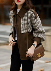 Loose Coffee Plaid Button Patchwork Cotton Coats Fall