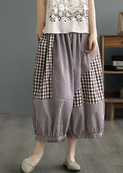 Loose Coffee Plaid Pockets Patchwork Cotton Lantern Pants Summer