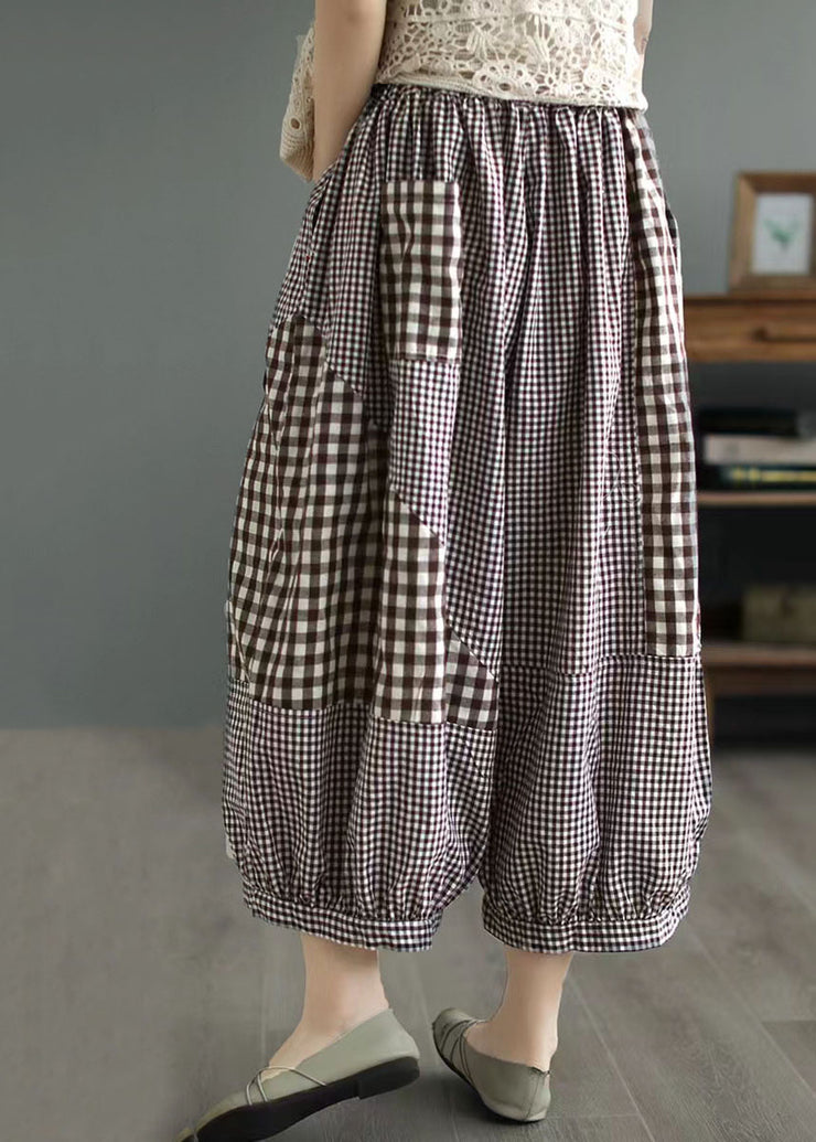 Loose Coffee Plaid Pockets Patchwork Cotton Lantern Pants Summer