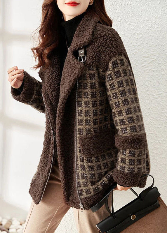 Loose Coffee Plaid Zip Up Patchwork Teddy Faux Fur Coat Winter