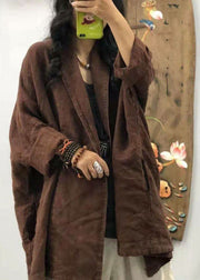 Loose Chocolate Pocket Peter Pan Collar Linen Coats Long Sleeve