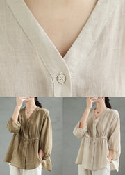 Loose Coffee Solid Button Linen Shirt Bracelet Sleeve