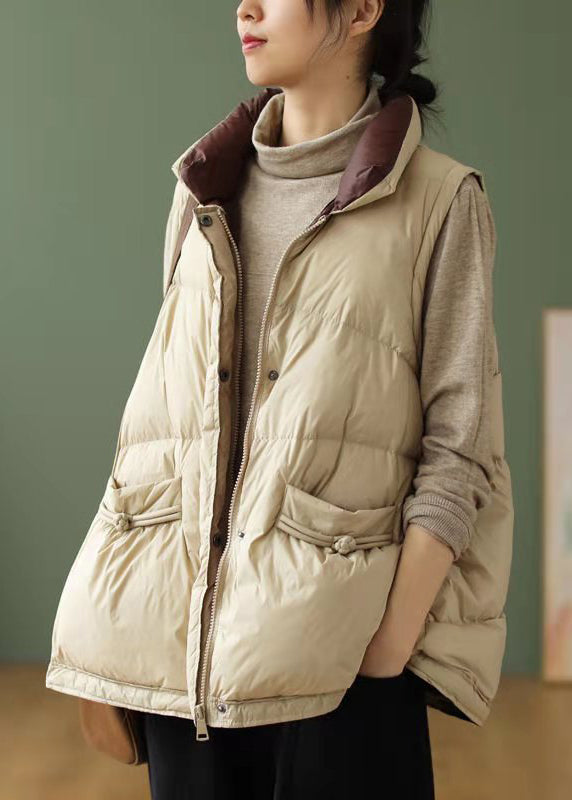 Loose Coffeee Stand Collar Drawstring Zippered Duck Down Down Waistcoat Winter