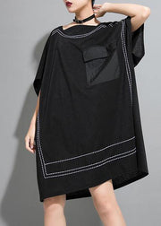 Loose Cotton Tunics Indian Personality Rectangular Frame Spliced Black Dress - bagstylebliss