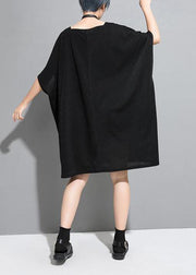 Loose Cotton Tunics Indian Personality Rectangular Frame Spliced Black Dress - bagstylebliss