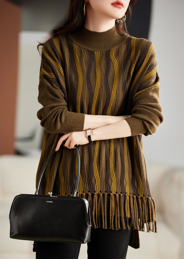 Loose Cozy Black Coffee Tasseled Thick Knit Sweaters Winter