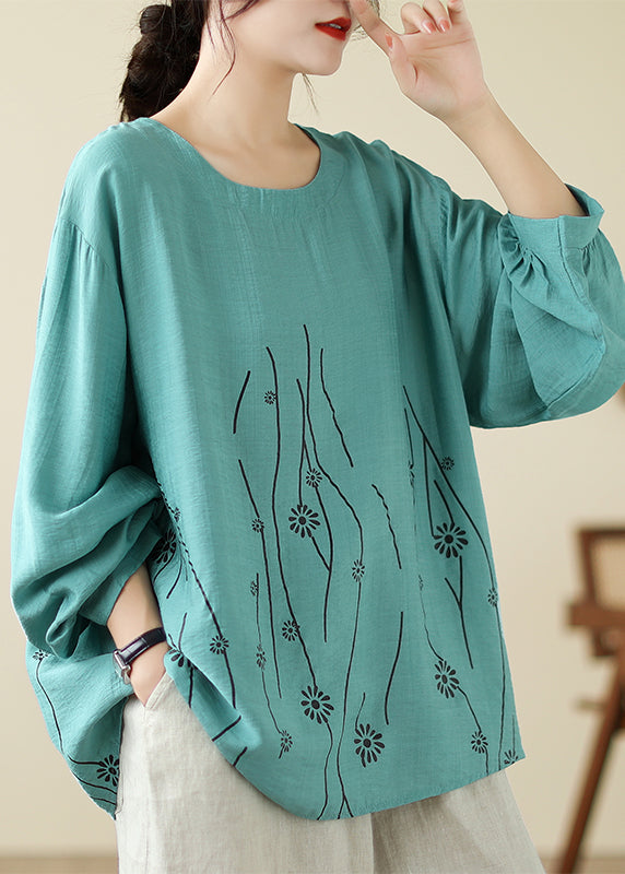 Loose Cyan O-Neck Print Tops Long Sleeve