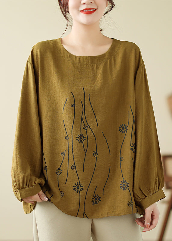 Loose Cyan O-Neck Print Tops Long Sleeve