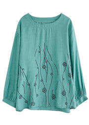 Loose Cyan O-Neck Print Tops Long Sleeve