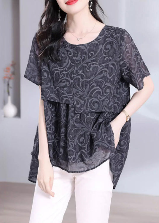 Loose Dark Grey O Neck Print Low High Design Patchwork T Shirt Summer