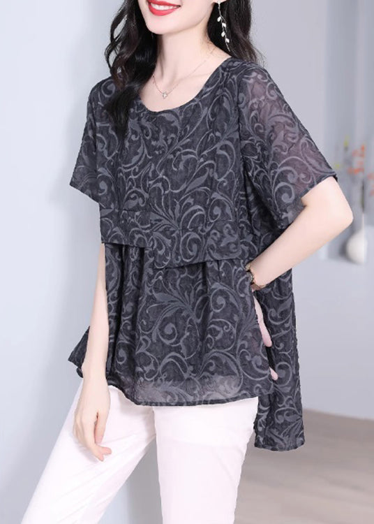 Loose Dark Grey O Neck Print Low High Design Patchwork T Shirt Summer