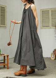 Loose Dark Grey Patchwork Solid Cotton Long Spaghetti Strap Dress Summer