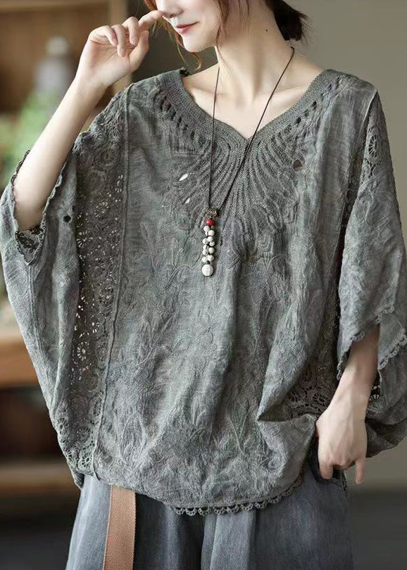 Loose Dark Grey V Neck Hollow Out Cotton T Shirts Top Summer