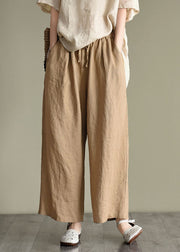 Loose Dark Khaki elastic waist drawstring Linen wide leg pants Spring