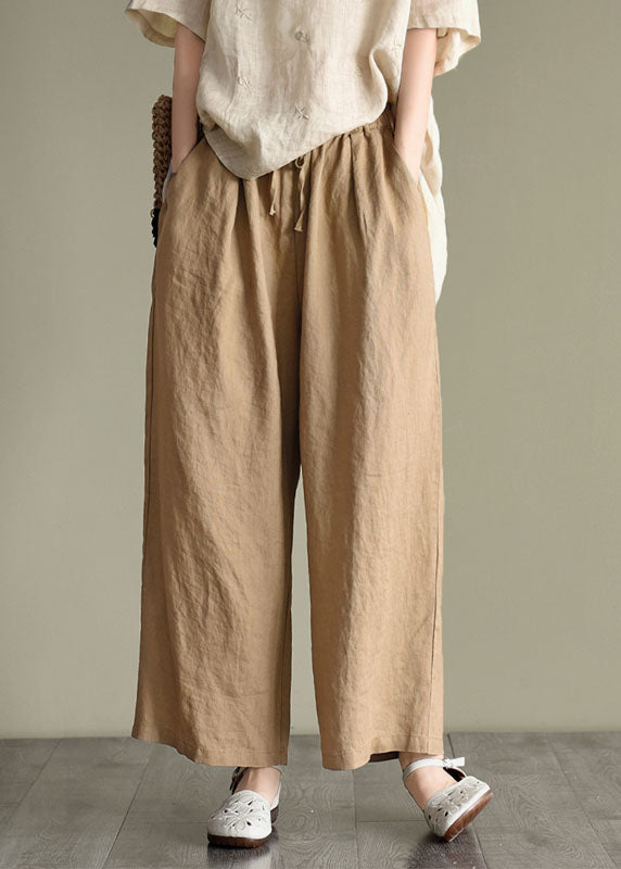 Loose Dark Khaki elastische Taille Kordelzug Leinenhose mit weitem Bein Frühling