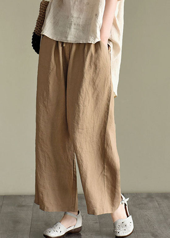 Loose Dark Khaki elastische Taille Kordelzug Leinenhose mit weitem Bein Frühling