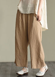 Loose Dark Khaki elastic waist drawstring Linen wide leg pants Spring