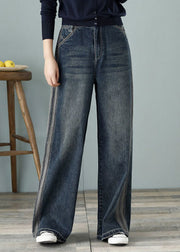 Loose Denim Blue High Waist Pockets Cotton Wide Leg Pants For Women Spring