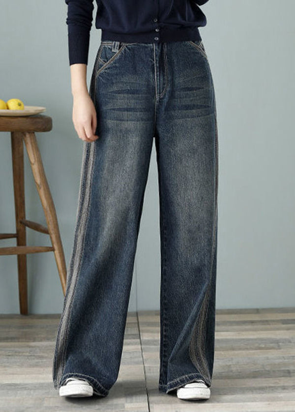 Loose Denim Blue High Waist Pockets Cotton Wide Leg Pants For Women Spring