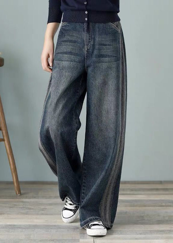 Loose Denim Blue High Waist Pockets Cotton Wide Leg Pants For Women Spring