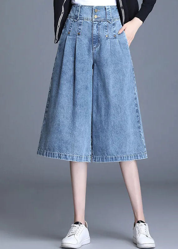 Loose Denim Blue High Waist Wrinkled Pockets Cotton Wide Leg Crop Pants Summer