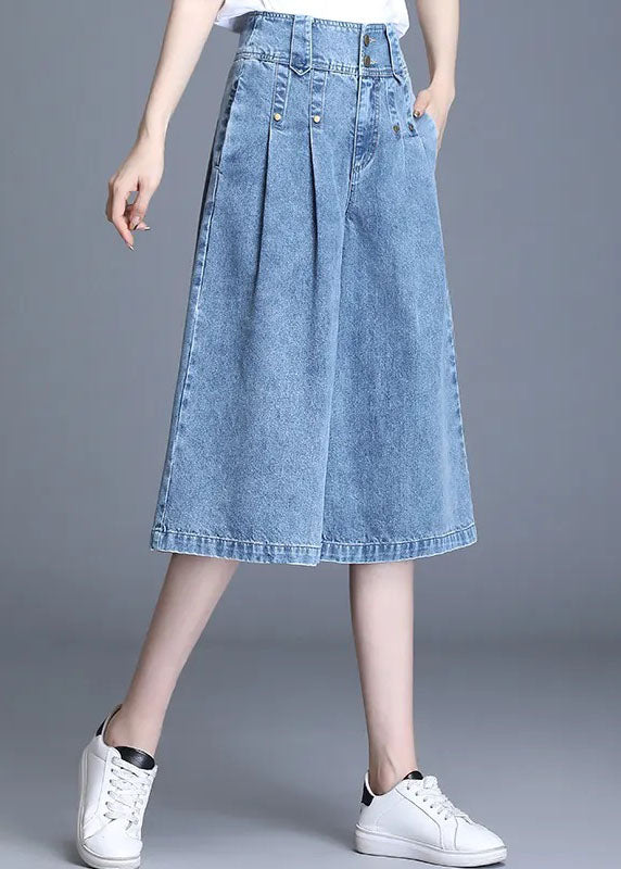 Loose Denim Blue High Waist Wrinkled Pockets Cotton Wide Leg Crop Pants Summer