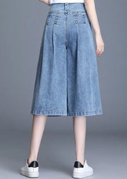 Loose Denim Blue High Waist Wrinkled Pockets Cotton Wide Leg Crop Pants Summer