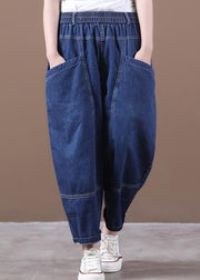 Loose Denim Blue Pockets Elastic Waist Denim Crop Pants Fall