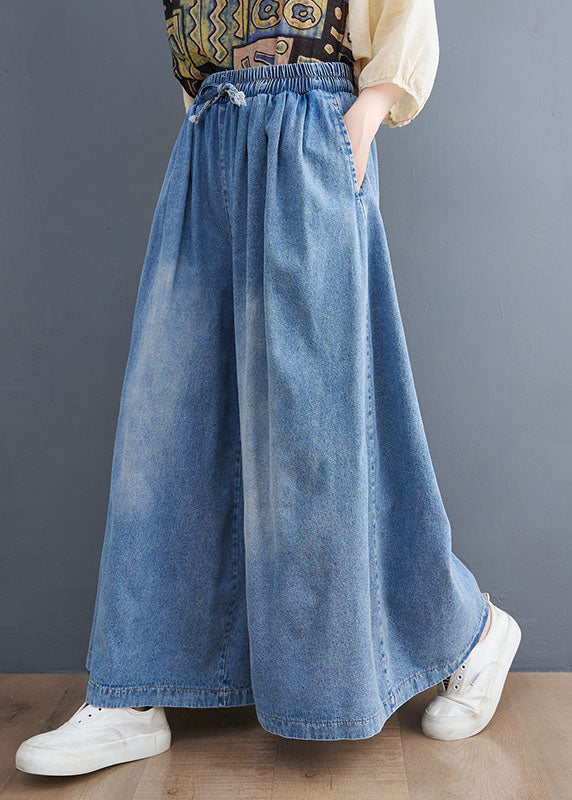 Loose Denim Blue Pockets Elastic Waist Tie Waist Wide Leg Pants Fall