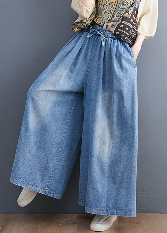 Loose Denim Blue Pockets Elastic Waist Tie Waist Wide Leg Pants Fall