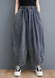 Loose Denim Blue Pockets Patchwork Elastic Waist Lantern Pants Fall