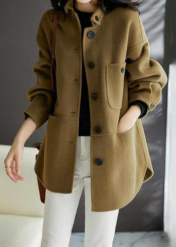 Loose Earthy Yellow  Button Pockets Patchwork Woolen Coats Fall