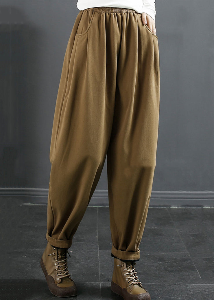 Loose Ginger Pockets Elastic Waist Fleece Pants Winter