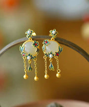 Loose Gold Sterling Silver Overgild Enamel Jade Tassel Drop Earrings